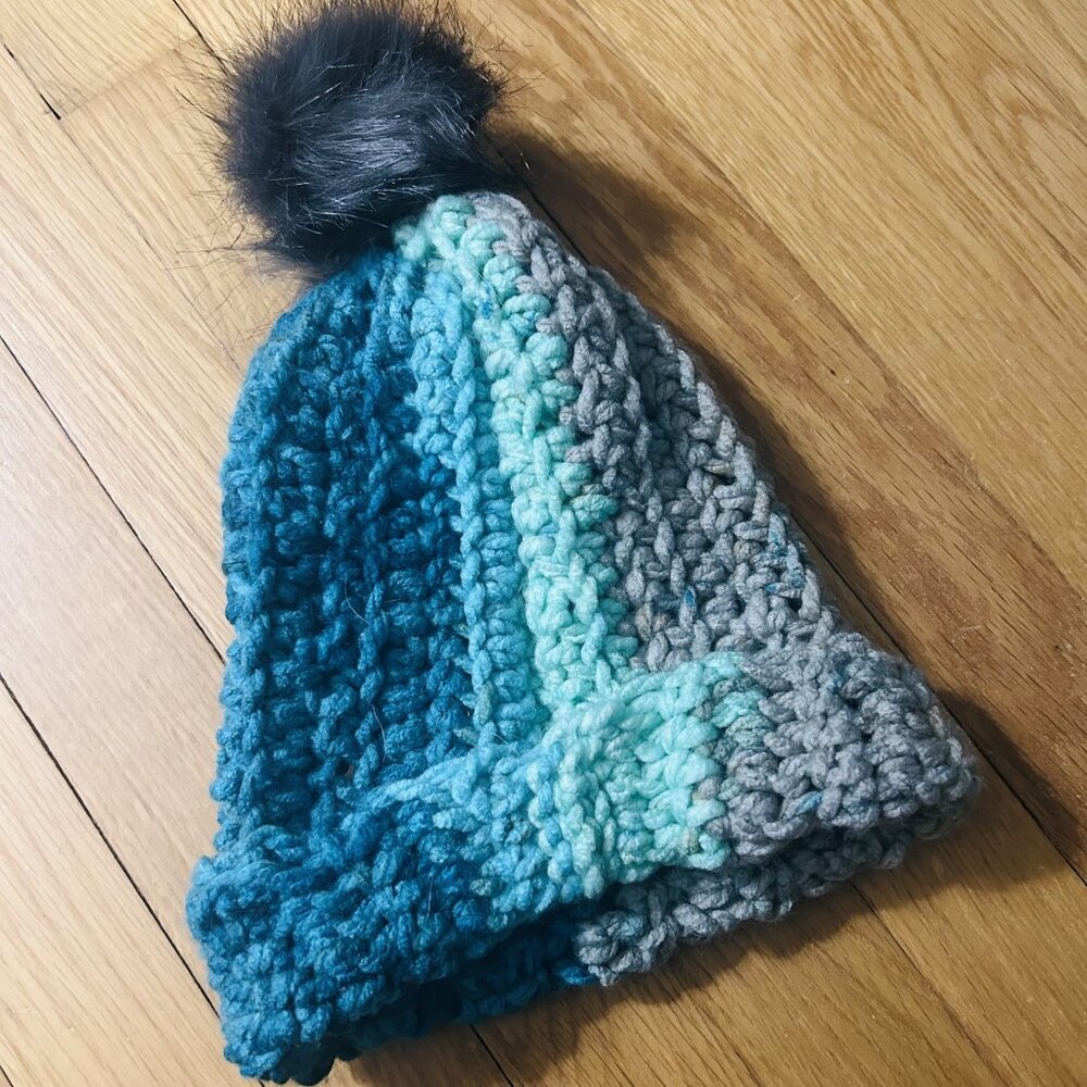Hand crochet Glacier Treat blue turquoise gray beanie hat with fur pom pom